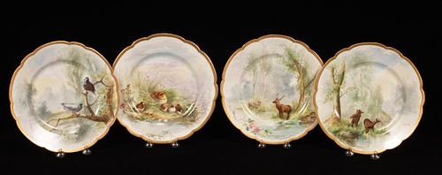 FRENCH HAND PAINTED SCENIC PLATES C 1900, FOUR DIA 9" 