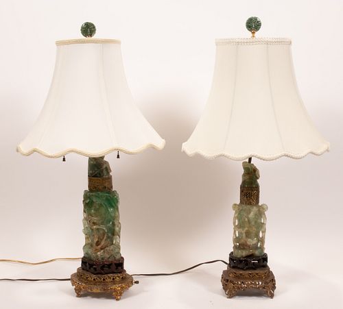 CHINESE GREEN QUARTZ & BRASS LAMPS, PAIR, H 29"