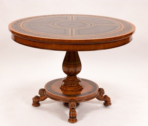 MAITLAND SMITH LEATHER TOP PEDESTAL TABLE  H 35" DIA 45.5" 