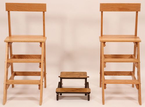 AMERICAN COUNTRY STYLE OAK LIBRARY LADDERS (2) H 39", ALSO ONE @ 10" 