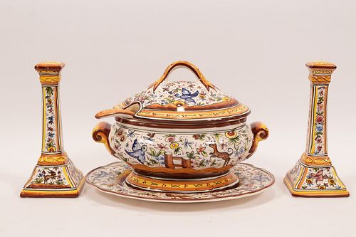 PORTUGUESE POTTERY  SOUP TUREEN AND CANDLESTICKS 