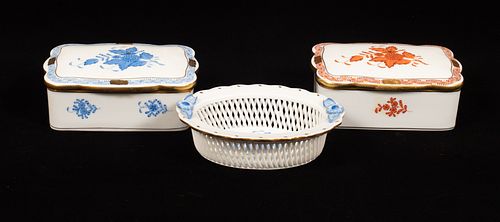 HEREND PORCELAIN COVERED BOXES & DISH, 3 PCS, W 5.5"-5.75" 