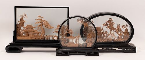 CHINESE CORK LANDSCAPES IN CASES, THREE L 9" - 15" 