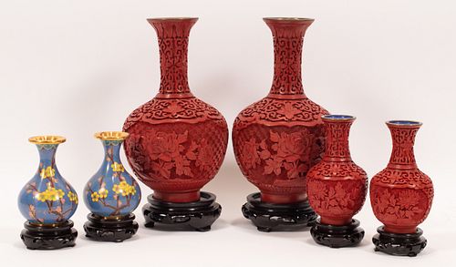 CHINESE CINNABAR AND CLOISONNE VASES  6 PCS. H 4" - 8.5" 