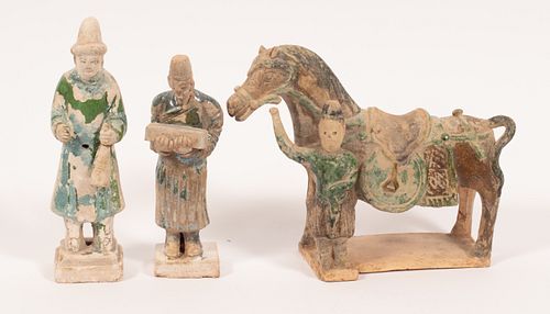 CHINESE TANG STYLE POTTERY HORSE & TOMB NODDERS, 3 PCS, H 8"-9" 