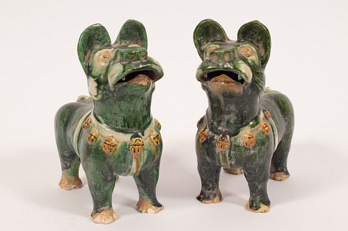 CHINESE TANG STYLE POTTERY DOG FIGURINES, PAIR, H 8", L 7"