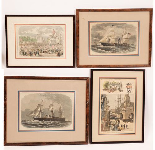LITHOGRAPHIC PRINTS ON PAPER, C. 1900, 4 PCS, H 9"-15", NAVAL AND PATRIOTIC PRINTS 