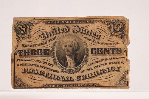 U.S.A .03C FRACTIONAL PAPER CURRENCY NOTE, #1226 GEORGE WASHINGTON DARK PORTRAIT, MARCH 3RD,1863  (1) H 3" W 5" 