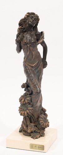 Y.M. BELSA, PATINATED SPELTER SCULPTURE, H 15", DIA 4.5", LADY IN GARDEN 