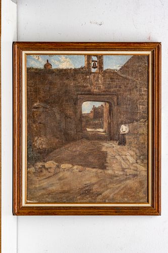UNSIGNED OIL ON CANVAS, C. 1900, H 24", W 20", BOY IN COURTYARD RUINS 