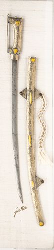 MOROCCAN NIMCHA SWORD WITH SILVER SCABBARD AND GRIP, 20TH C., H 39.25", W 9.5" (SHADOWBOX) 