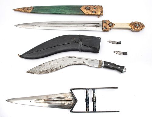 INDIAN KATAR, KUKRI AND SHORT SWORD, 20TH C., THREE PIECES, L 16" TO 22" 
