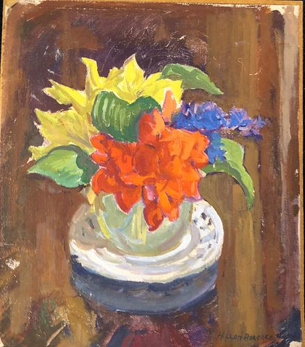 HENRY LEON ROECKER OIL ON CANVAS ON BOARD FLORAL H 14.5" W 12.25" 