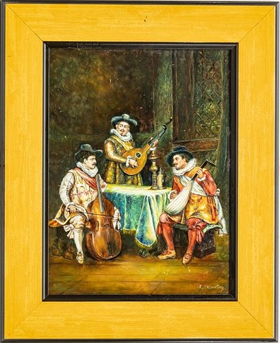 G. BROWNING, OIL ON WOOD PANEL, H 16", W 12", INTERIOR WITH TROUBADOURS 