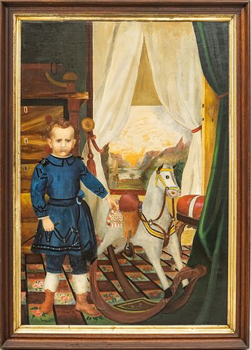 AMERICAN PRIMITIVE OIL ON CANVAS H 52" W 36" YOUNG BOY WITH ROCKING HORSE 