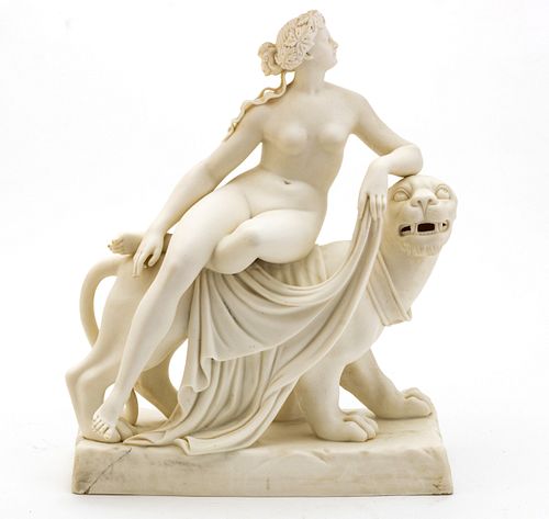 MINTON PARIANWARE FIGURAL GROUP, C. 1860, H 14.5", L 11.5", ARIADNE ON THE PANTHER 