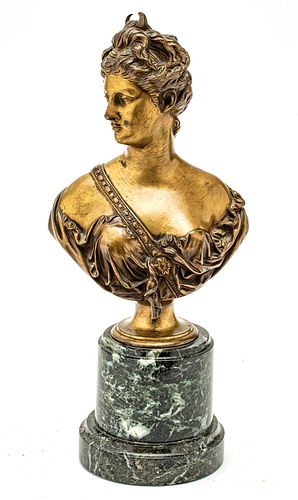 AFTER JEAN-ANTOINE  HOUDON BRONZE BUST OF DIANA, H 10.5" W 7" D 4" 