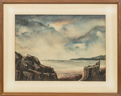E. KNOPP WATERCOLOR AND GOUACHE ON PAPER H 14" W 19" SEASCAPE 