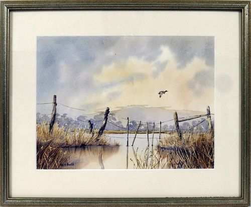 HERB BOOTH (AMER. 1942-14) WATERCOLOR ON PAPER, H 8 5/8" L 11 5/8" MARSH SCENE 