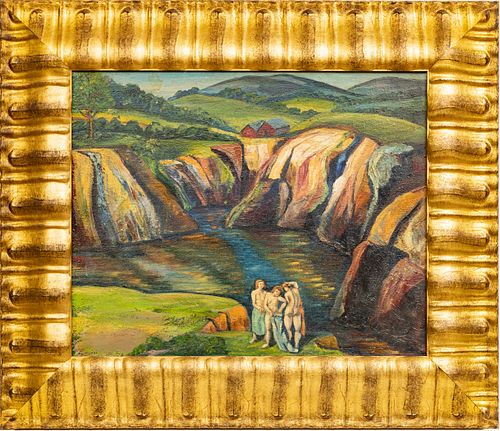UNSIGNED OIL ON CANVAS, C 1950, H 17", W 21", BATHERS NEAR QUARRY LAKE 