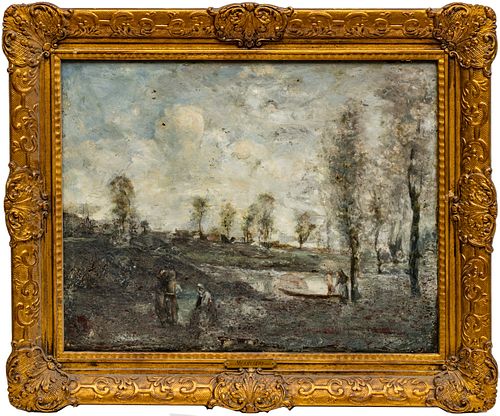 ATTR. CLAUDE F.A. MESGRIGNY (FRENCH, 1836-1884) OIL ON MAHOGANY PANEL, H 17", W 22", UNTITLED LANDSCAPE 