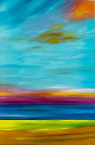 MARY JOHNSTON, (CARMEL, CALIFORNIA, 20TH/21ST CENTURY) OIL ON GESSOBORD, 2014 H 35" W 23" TURQUOISE SKY OVER WATER 
