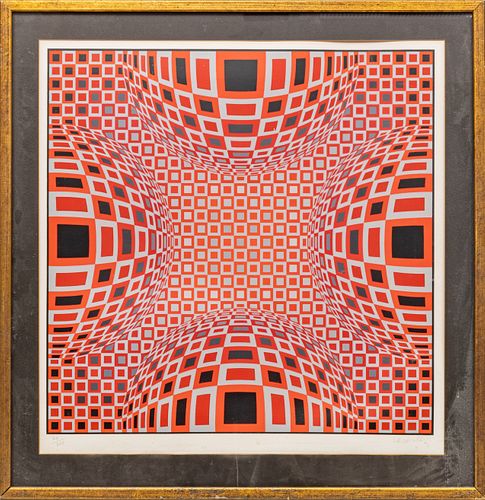 VICTOR VASARELY (FRENCH/HUNGARIAN, 1906–1997) SILKSCREEN IN COLORS, ON WOVE PAPER, 1979 H 25.5" W 25.5" ENIGMA – FOUR RED SPHERES  