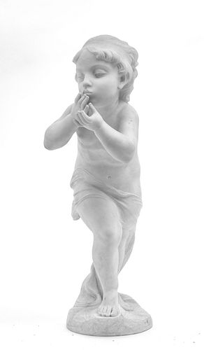 CARVED MARBLE SCULPTURE, 20TH C, H 21", W 6.75", KISSING CHERUB CHILD 