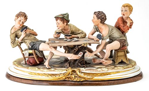 CAPO DI MONTE BISQUE SCULPTURE  H 12" W 13" L 21" YOUNG BOYS PLAYING CARDS 
