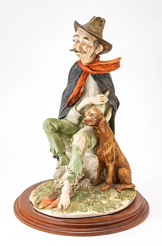CAPO DI MONTE  BISQUE  SCULPTURE H 16.5" W 11" L 12" MAN WITH JUG AND DOG 