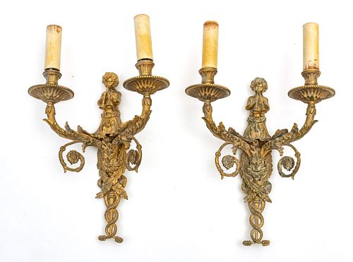 FRENCH BRONZE  SCONCES 19TH.C. PAIR H 19" W 12.5" CHERUB WITH FLUTES 
