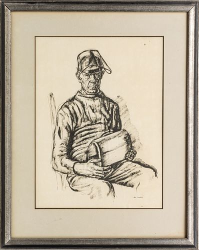 FRANCIS DE ERDLEY (HUNGARIAN, 1904-1959) CHARCOAL ON PAPER H 23.5" W 17.5" PORTRAIT OF A WORKING MAN. 