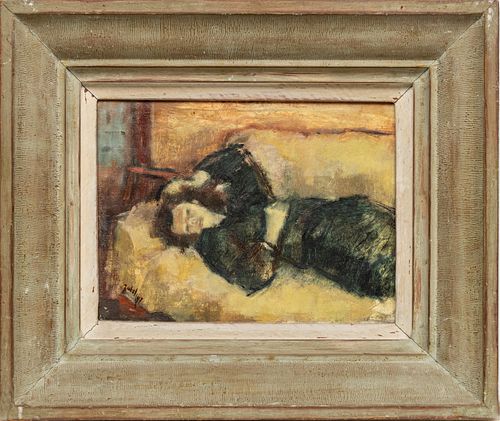 ZUBEL KACHADORIAN (AMERICAN 1924-2002) OIL ON CANVAS H 8.75" W 11.25" WOMAN LYING ON COUCH 