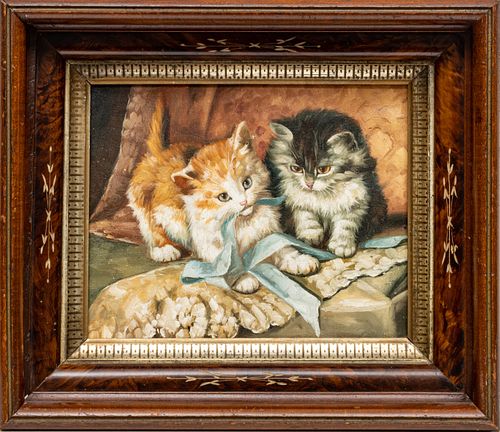 OIL ON CANVAS H 8" W 10" TWO KITTENS & BLUE RIBBON 