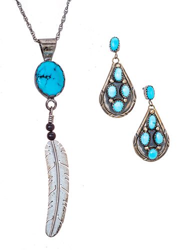 4 PCS. TURQUOISE AND SILVER PENDANT ON CHAIN, FEATHER PENDANT, PAIR OF EARRINGS. 