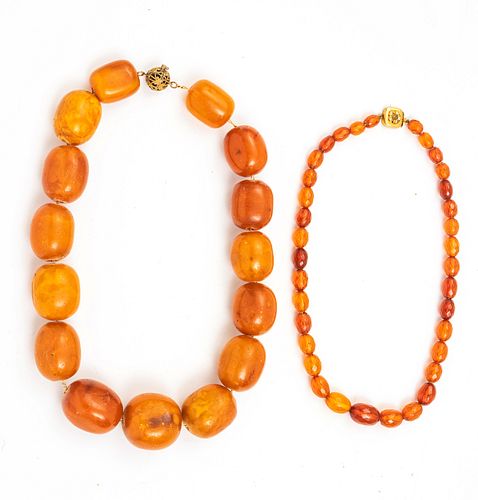 AMBER BEAD NECKLACES, 20TH C., TWO PIECES, L 18" AND 17" 