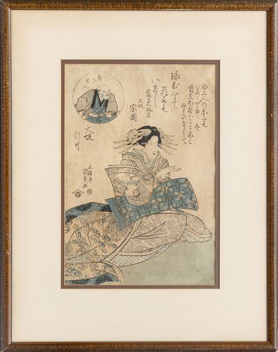 UTAGAWA KUNISADA (JAPANESE 1786-1864) WOODBLOCK PRINT, C. 1820, H 14 1/2", W 10" (VISIBLE), COURTESAN OF SHINMACHI 