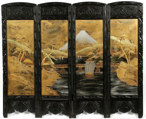 JAPANESE LACQUER AND TEAKWOOD TABLE SCREEN, C. 1900, H 4', W C. 4.8'