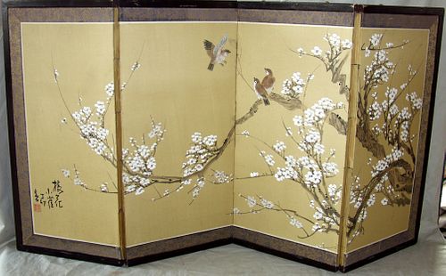 JAPANESE HAND PAINTED ON SILK 4 PANEL SCREEN H 36" L 72" 