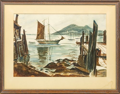 M. THORNEDYKE, WATERCOLOR ON PAPER, WHARF SCENE WITH SAILBOAT, H 14.5" W 21.5" 
