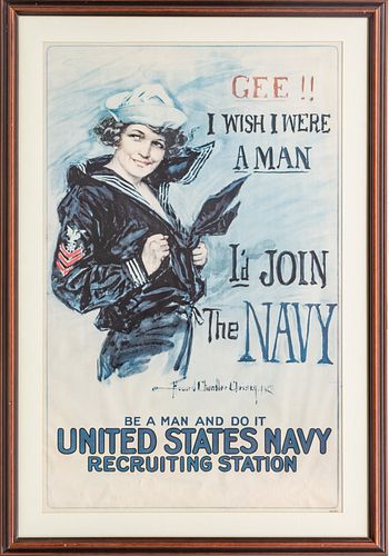 HOWARD CHANDLER CHRISTY (AMERICAN 1872-1952) OFFSET LITHOGRAPHIC POSTER, H 35" W 22" GEE!! I WISH I WERE A MAN / I'D JOIN THE NAVY 