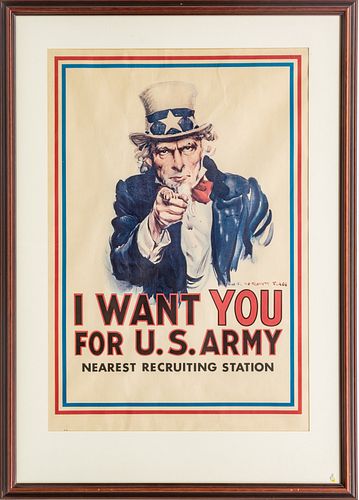 JAMES MONTGOMERY FLAGG (AMERICAN 1877-1960) OFFSET LITHOGRAPHIC POSTER, H 30" W 21" WORLD WAR I UNCLE SAM PATRIOTIC POSTER 