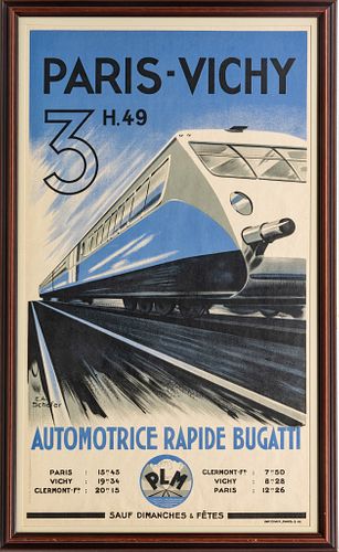 ANDRE EMILE SCHEFER (FRENCH 1876-1942) BUGATTI TRAIN POSTER C. 1935, H 37" W 21" PARIS-VICHY/AUTOMOTRICE RAPIDE BUGATTI 