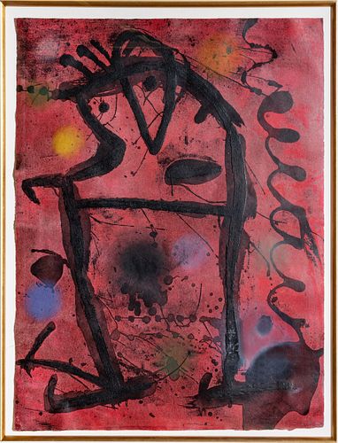 JOAN MIRO ETCHING IN COLORS ON ARCHES PAPER, 1979, H 16", W 24.5", GRANS RUPESTRES VII (LARGE CAVE PAINTINGS VII) 