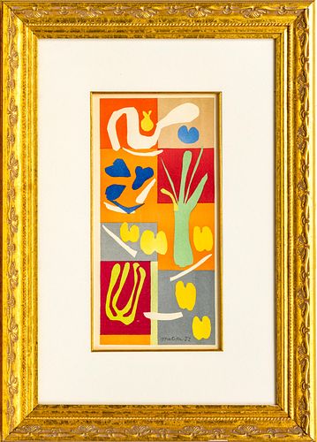 AFTER HENRI MATISSE (FRENCH, 1869–1954), LITHOGRAPH IN COLORS ON WOVE PAPER, 1958 H 12.5" W 5.75" VEGETAUX 