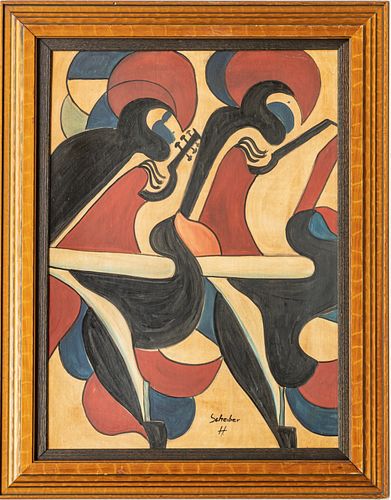 HUGO SCHEIBER  (HUNGARIAN, 1873–1950) OIL ON ARTIST-BOARD, CIRCA 1930, H 26.25" W 19.125" "BANJO DUO" 