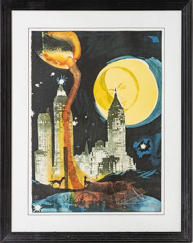SALVADOR DALI (SPANISH, 1904–1989) LITHOGRAPH IN COLORS ON WATERMARKED ARCHES PAPER, 1976 H 30" W 21" MANHATTAN SKYLINE (FROM THE TAROT SERIES) 