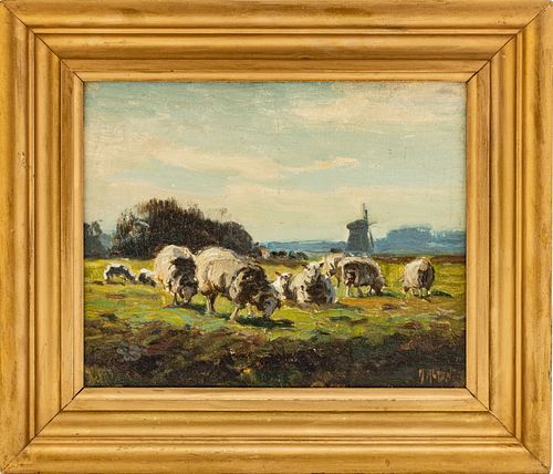 MATHIAS JOSEPH ALTEN (AMERICAN, 1871–1938) OIL ON CANVAS ON BOARD, 1912, H 8" W 9.75" SHEEP IN LANDSCAPE (HOLLAND) 