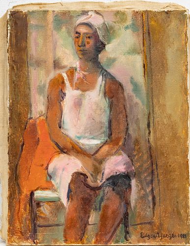 EDGAR  YAEGER (AMERICAN 1904-1997) OIL ON CANVAS, 1985, H 12", W 16", PORTRAIT OF WOMAN SITTING 