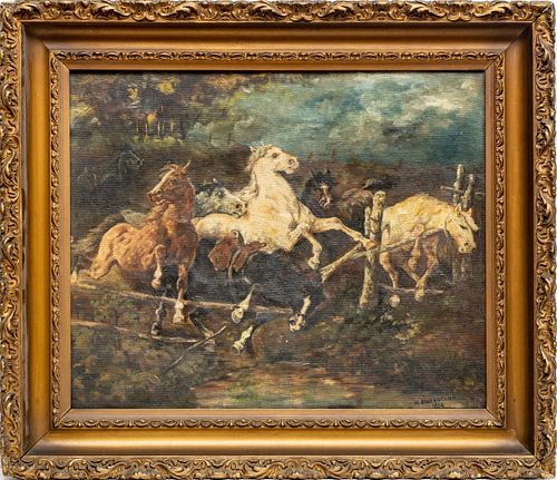 W. BIRKENKAMP, OIL ON CANVAS, 1912, H 18", W 22", SPOOKED HORSES 